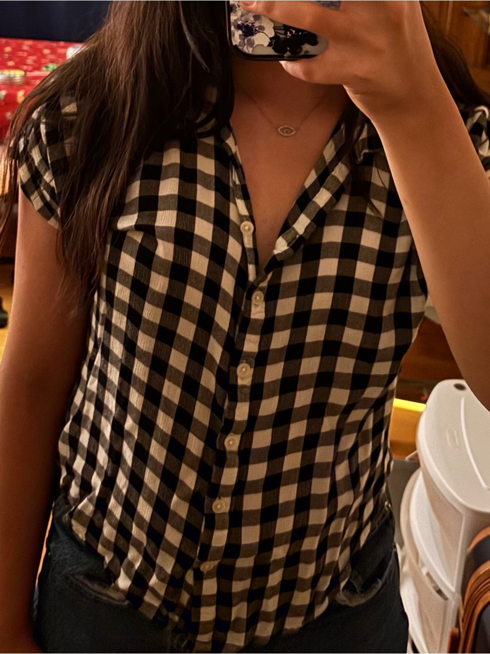 Black & White Gingham Button-Up Cap-Sleeve Blouse